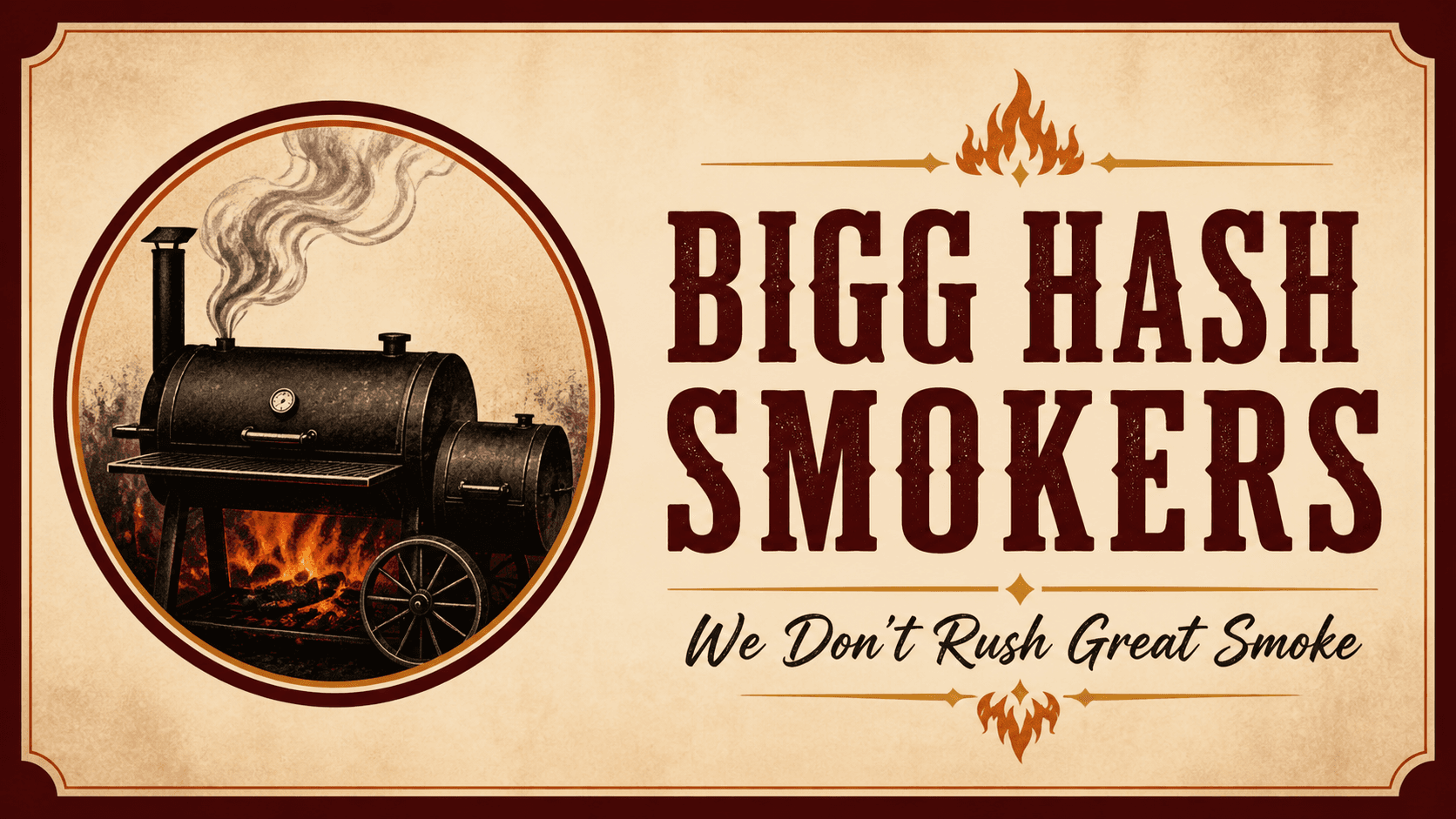 Bigg Hash Smokers brand card with smoker badge, fire, smoke, and tagline.