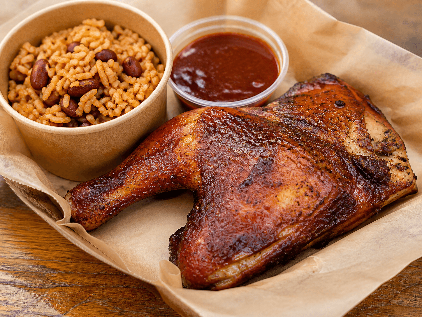 Smoked chicken plate with rice, beans, and barbecue sauce.
